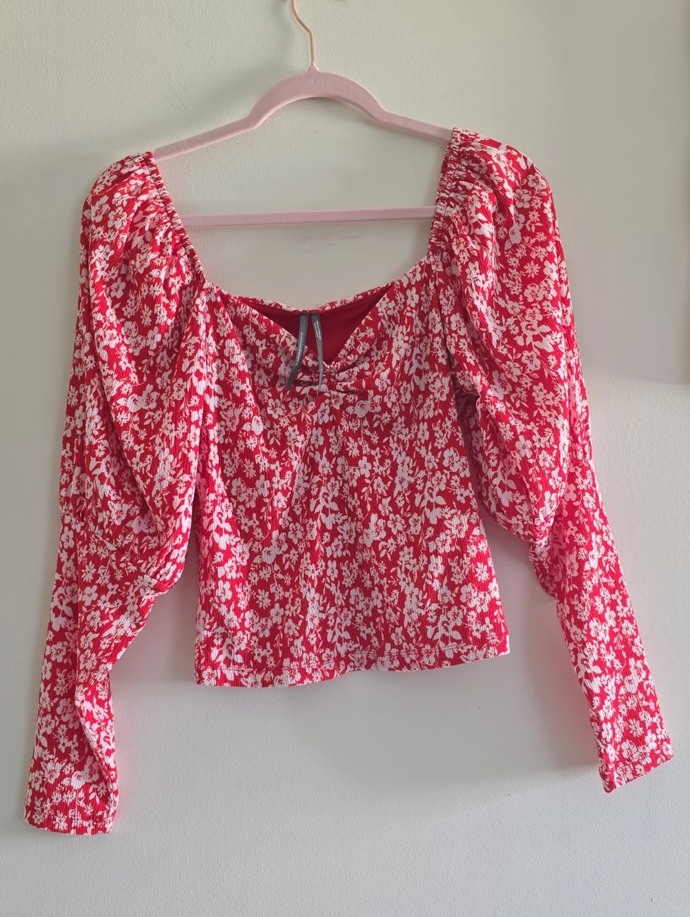 Anthropologie: Red Floral Square-Neck Puff Sleeve Top